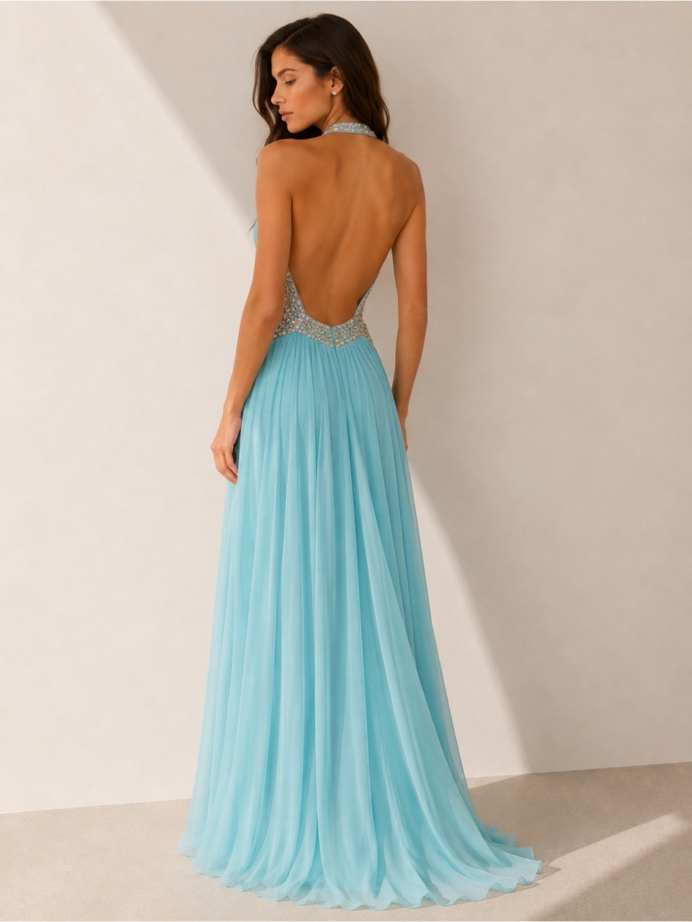 La Femme Sky Blue Embellished Halter Evening Gown | Size 16 - Picture 4 of 7